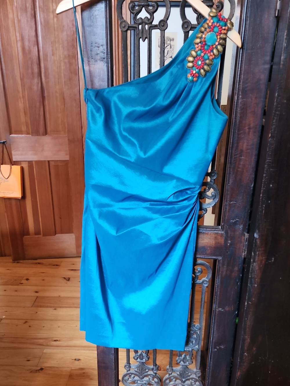 Badgley Mischka Teal One-Shoulder Cocktail Dress with Beaded Shoulder, 6